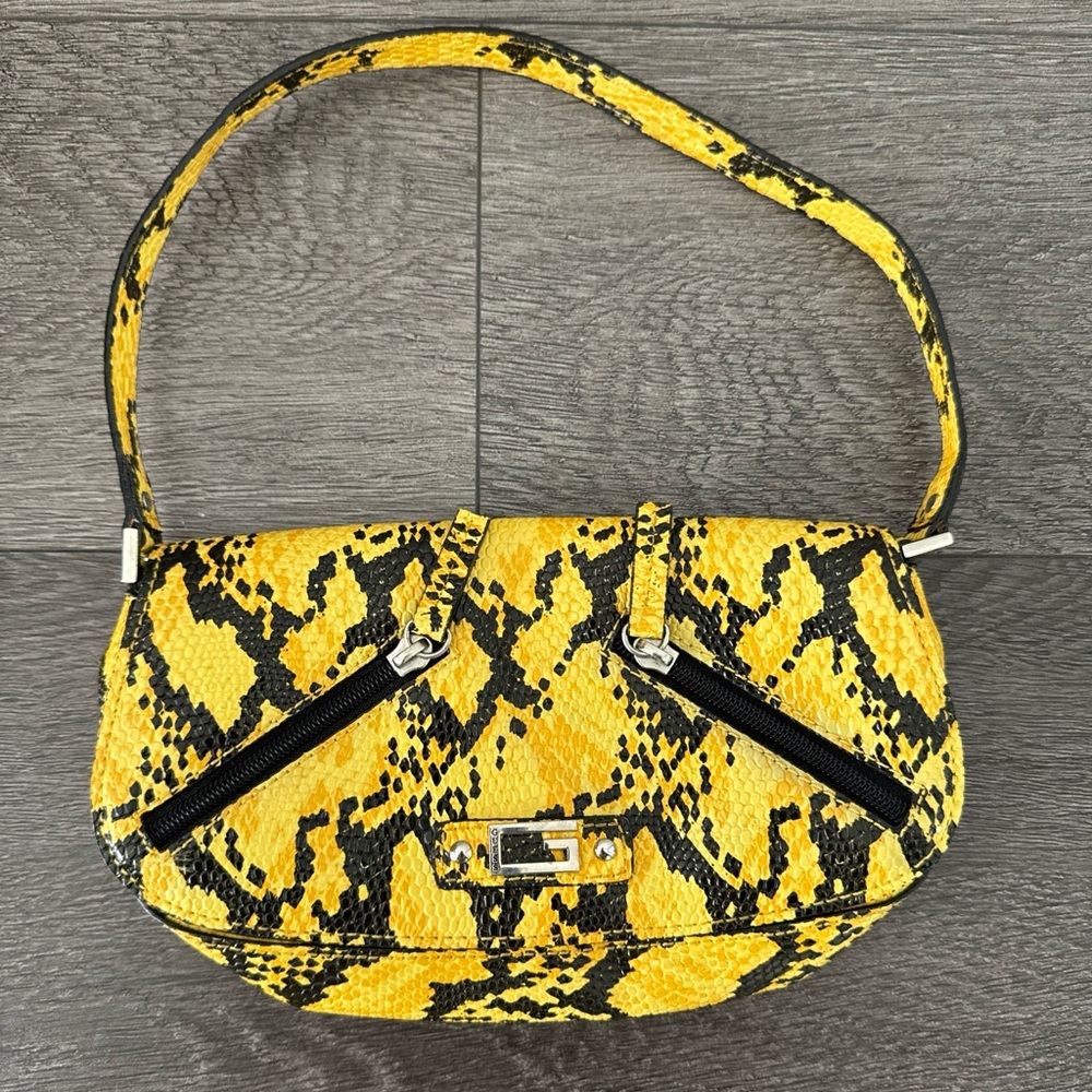 Guess yellow and black snake print shoulder bag